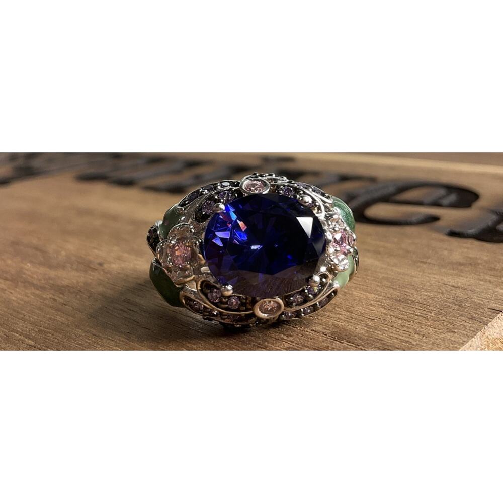 Sterling Silver 925 Blue CZ Cocktail Ring Ornate Enamel Statement Ring Size 6.5